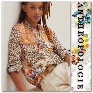 Anthropologie Floral & Leopard Print Button-Front Blouse by Pilcro